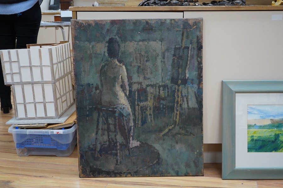 Boothman, three works comprising: two oils and a mixed media, Landscapes and a study of a seated nude woman, two signed, largest 77 x 61cm. Condition - varies, mostly fair